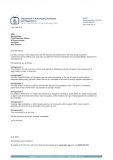 New Zealand Advertising Standards Authority: DASR: DDB Sandy Moore Infringement Letter